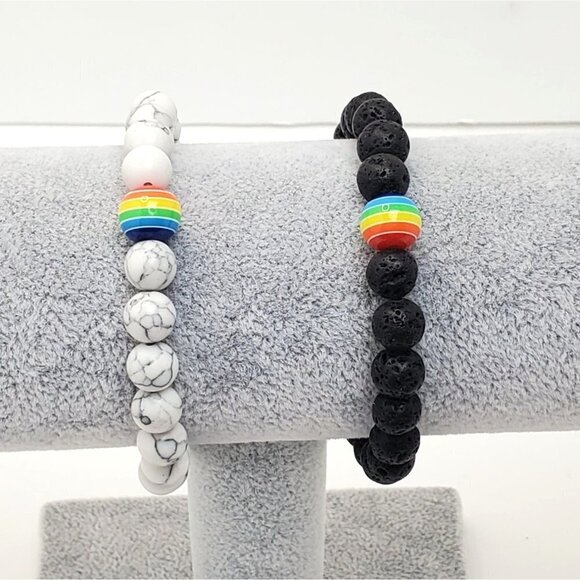 Pride Rainbow Bead Bracelets Black and Marble White Stone QTY 2 - Picture 1 of 5